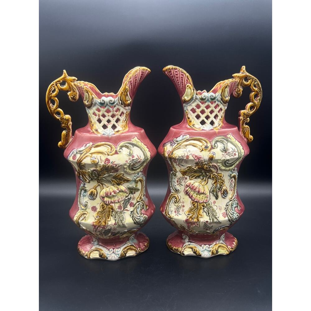 Victorian Majolica Ewers Burnt Umber Glaze Floral Molded W/ Scroll Handles READ